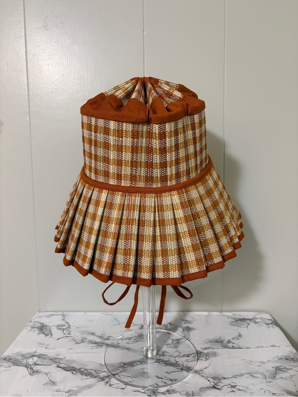 Lorna Murray Capri Hat Medium Pleated Sunhat Rust Gingham Check Luxury Resort - Picture 5 of 10